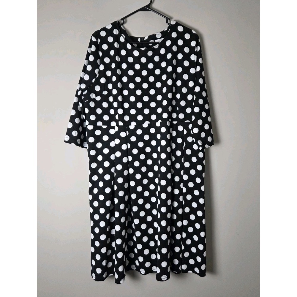 Haute Edition Black White Polka Dot Dress Plus Size 2X 3/4 Sleeve Pockets